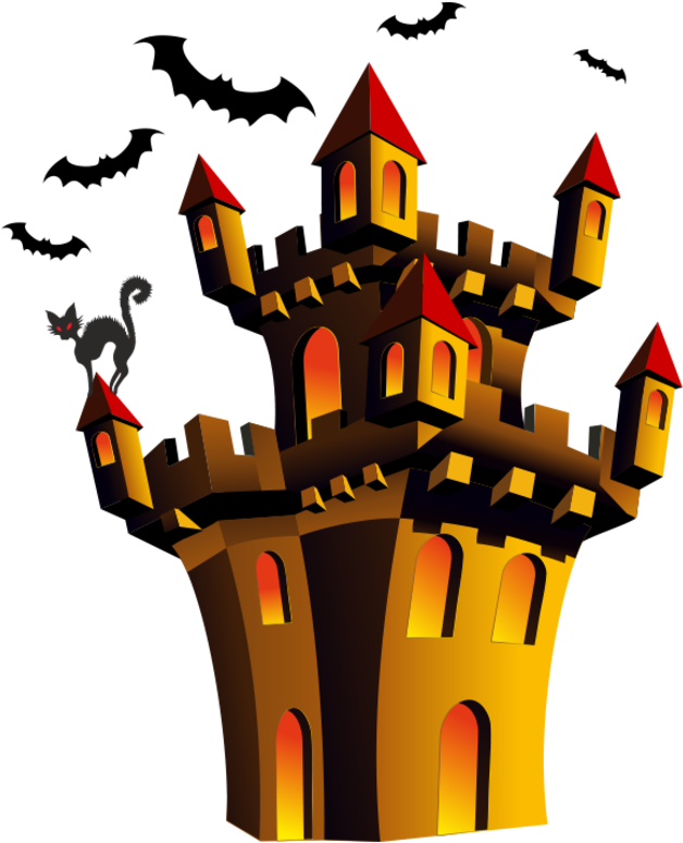 Spooky Castlewith Batsand Cat PNG