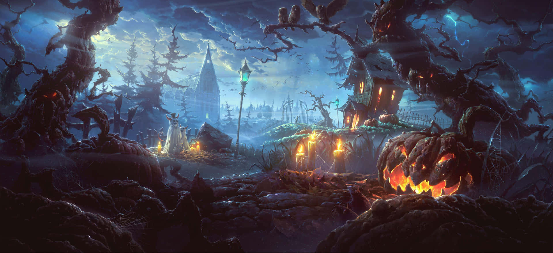 Unamisteriosa E Paurosa Foresta Nella Notte Di Halloween
