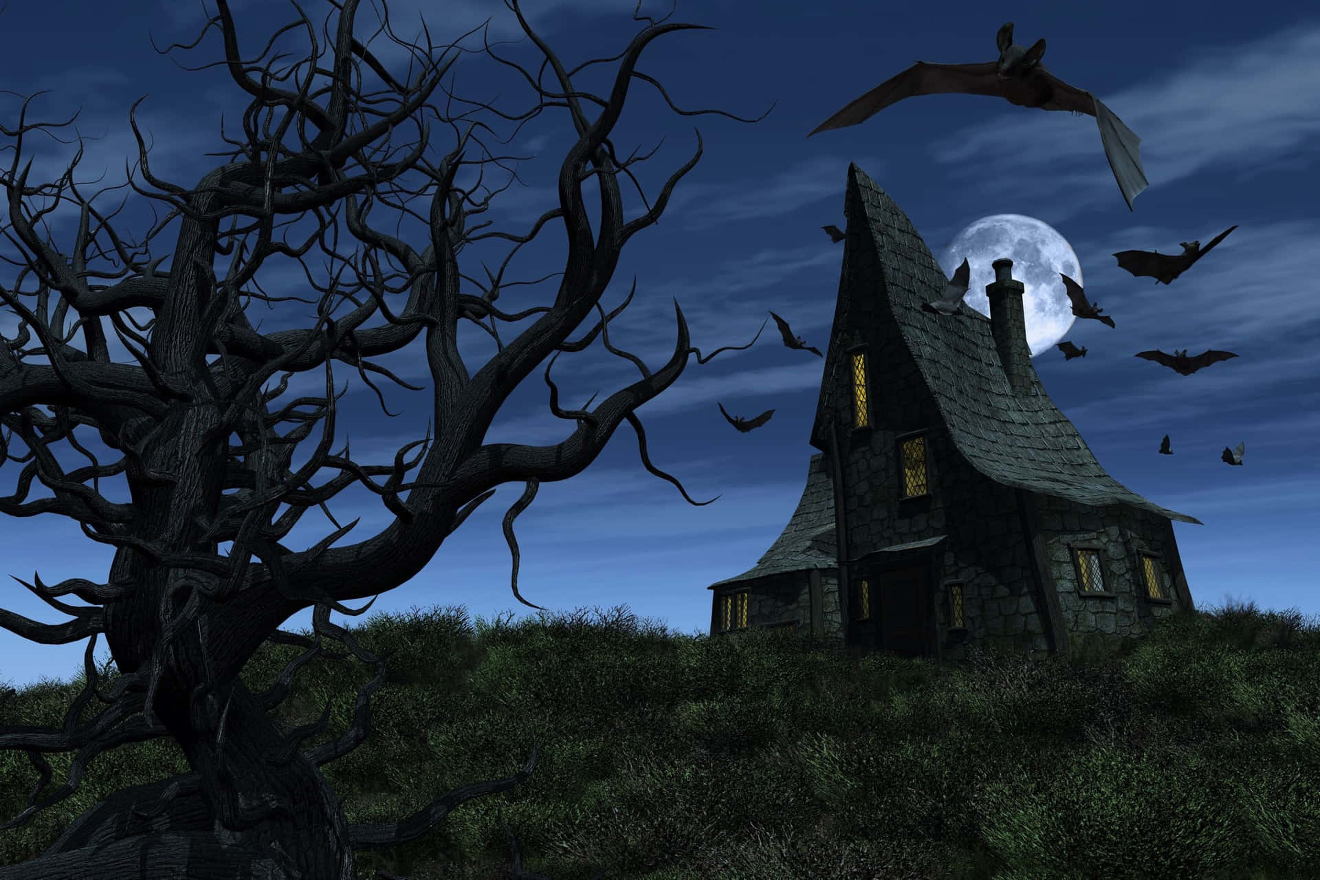 Uppleven Spöklik Halloween Med Hemsökt Hus Och Jack O'lanterns.