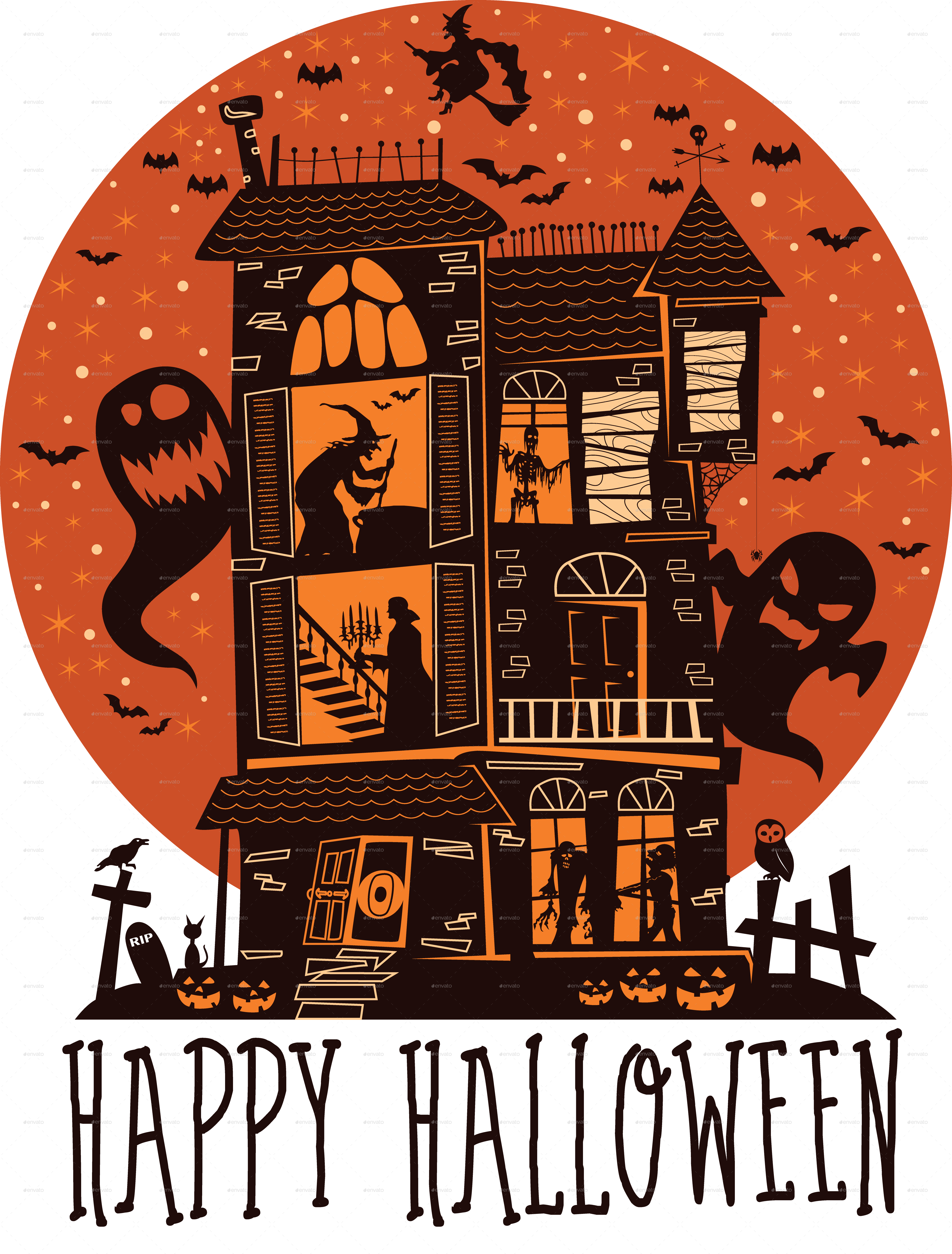 Spooky Halloween Haunted House Illustration PNG