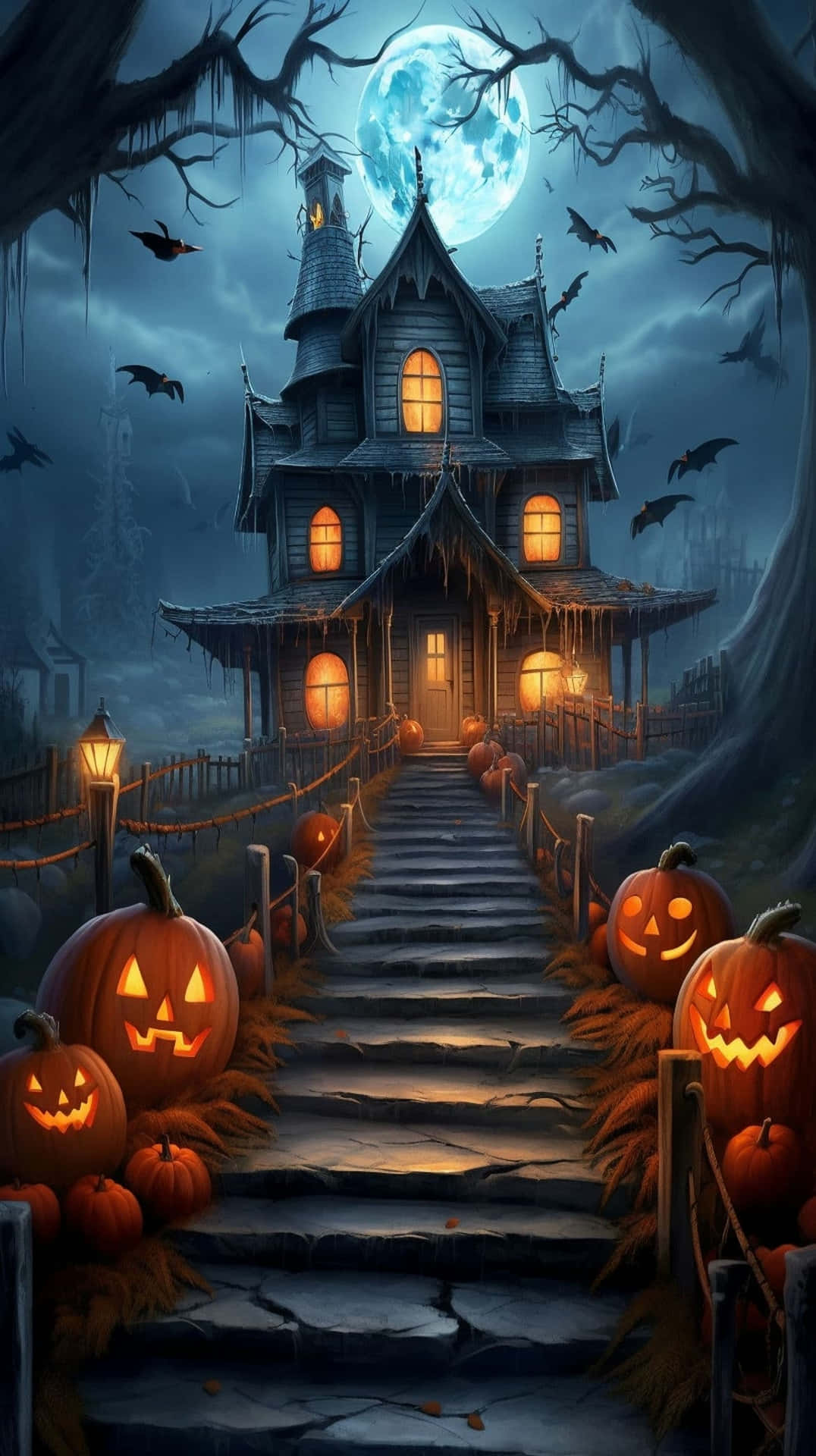 Spooky Halloween Mansion Moonlight Wallpaper