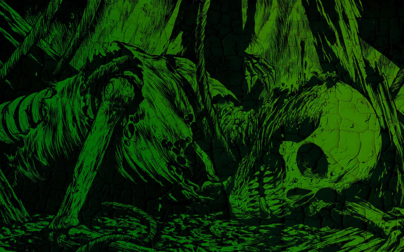 Einegrüne Zeichnung Eines Skeletts Im Dunkeln.