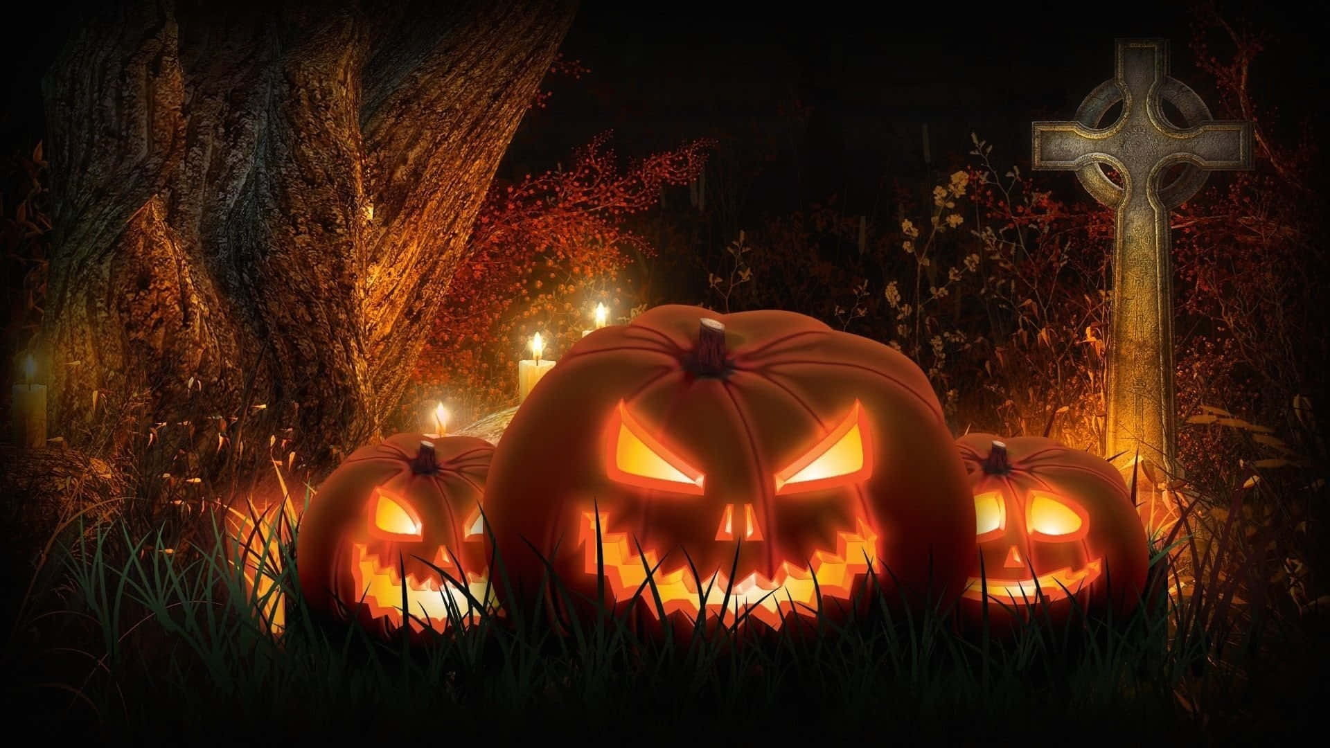 Halloween Pumpkins In The Dark With A Cross
