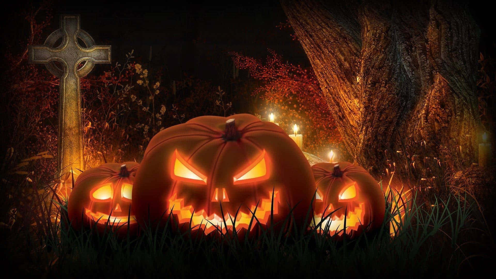 Spooky Halloween Pumpkins Night Scene Wallpaper