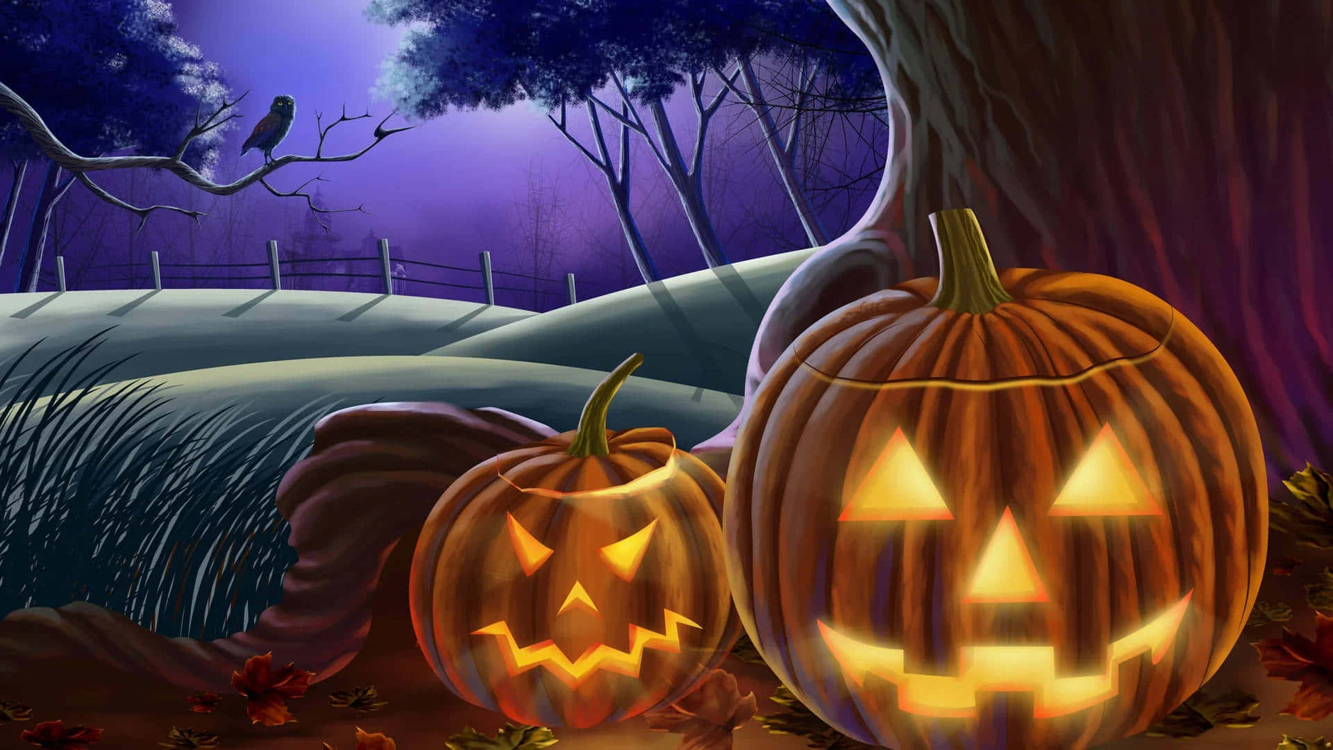 Spooky Halloween Pumpkins Night Scene Wallpaper