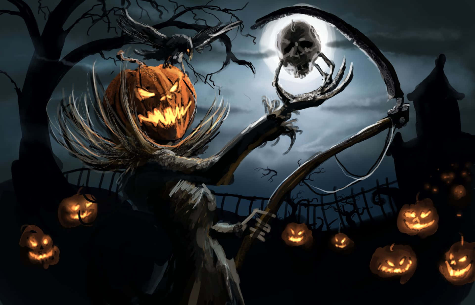 Spooky Jack O Lantern Scythe Figure Wallpaper