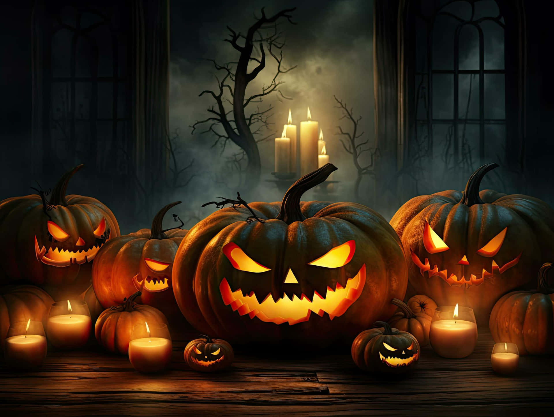 Spooky Jack O Lanterns Halloween Scene Wallpaper