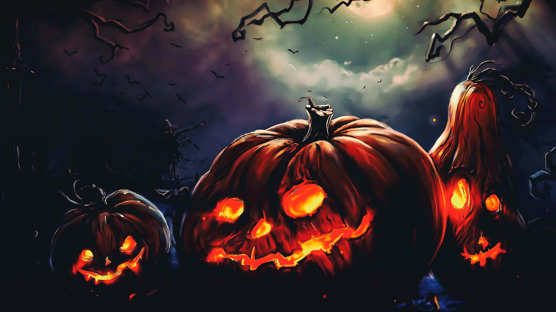 Spooky Jack O Lanterns Night Scene Wallpaper