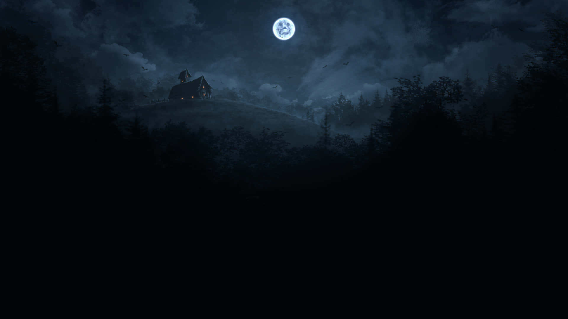 a dark night scene with a moon and a house