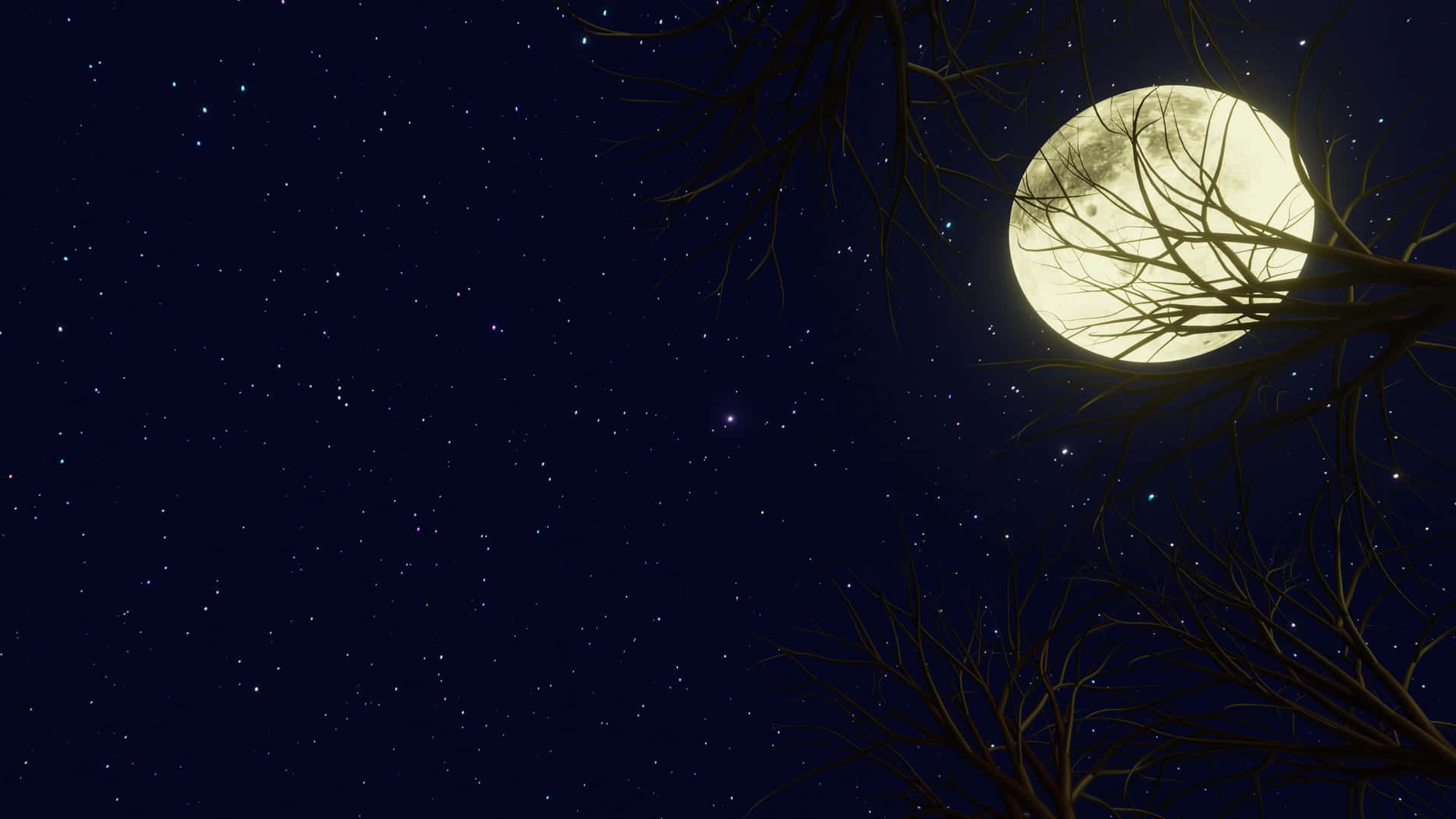 Spooky Tree Yellowish Night Sky Moon Wallpaper