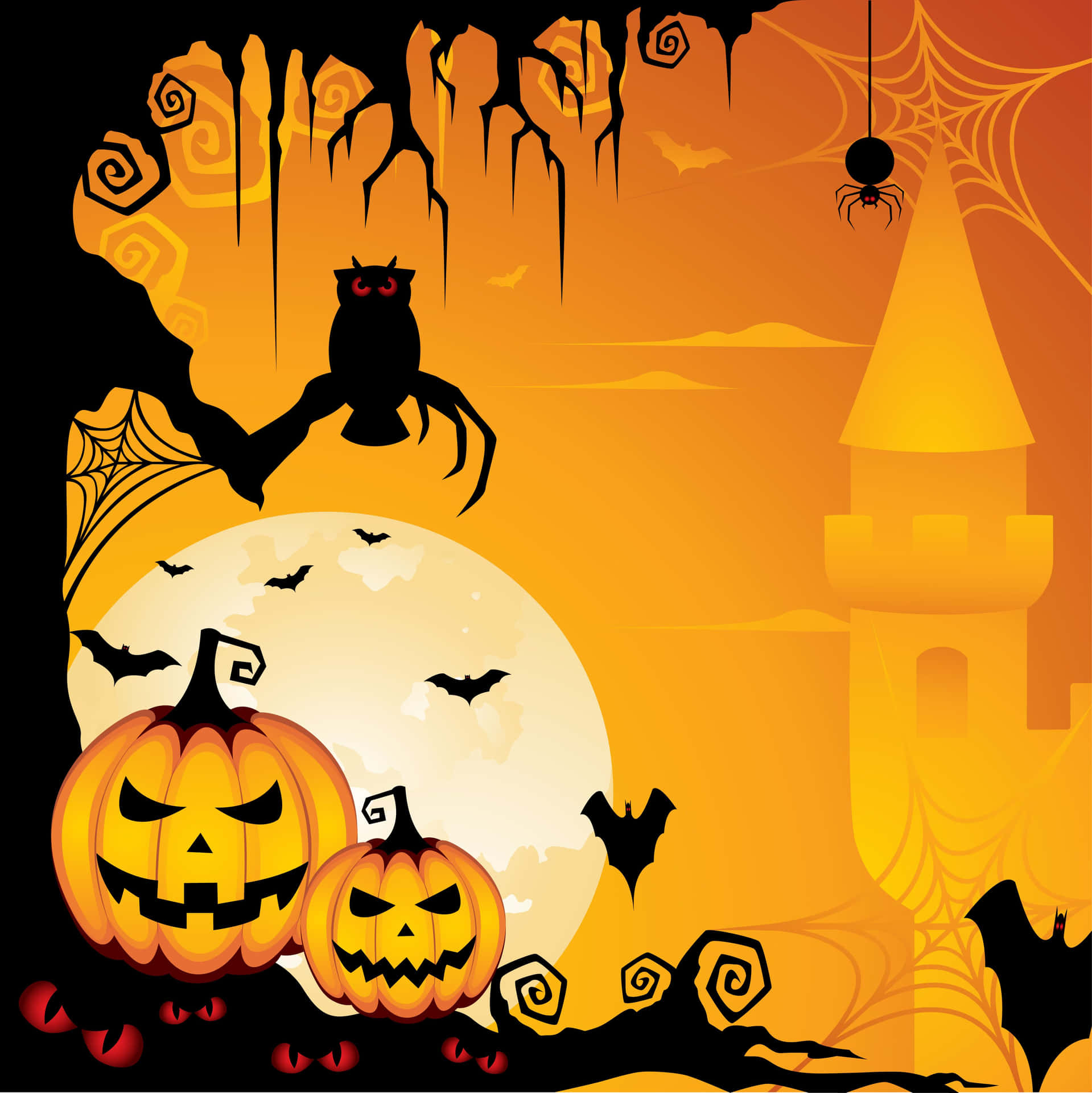 Halloween Background With Pumpkins And A Castle