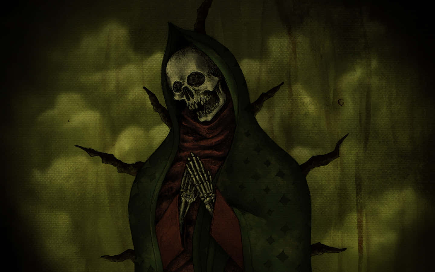 A Skeleton In A Green Cloak With A Skull