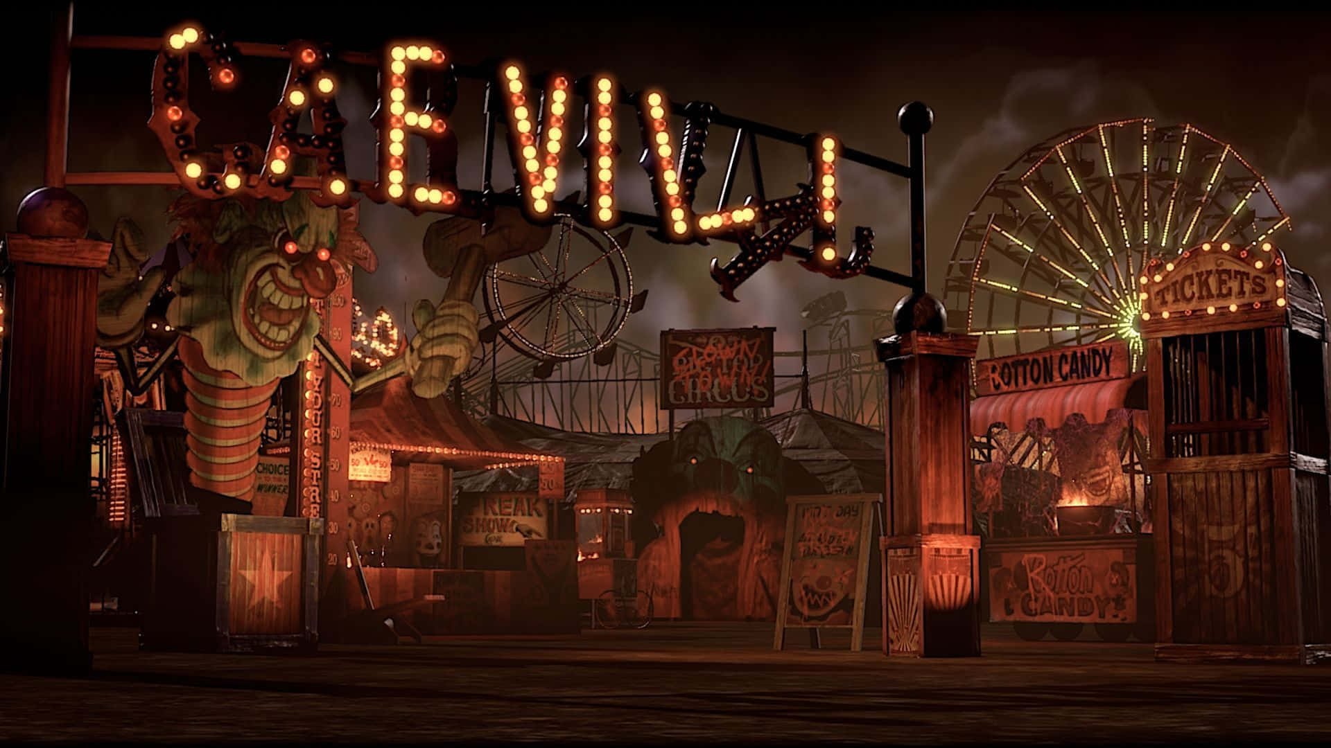 A Dark Carnival With A Ferris Wheel And A Carnival Sign