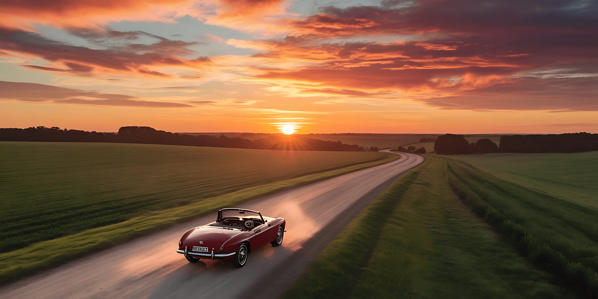 Sports Car Driving Into The Sunset Wallpaper