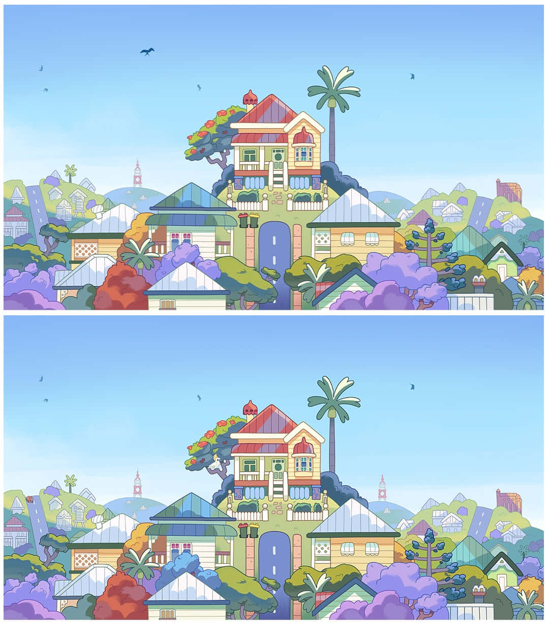 Et tegneseriebillede af et hus med træer og blomster