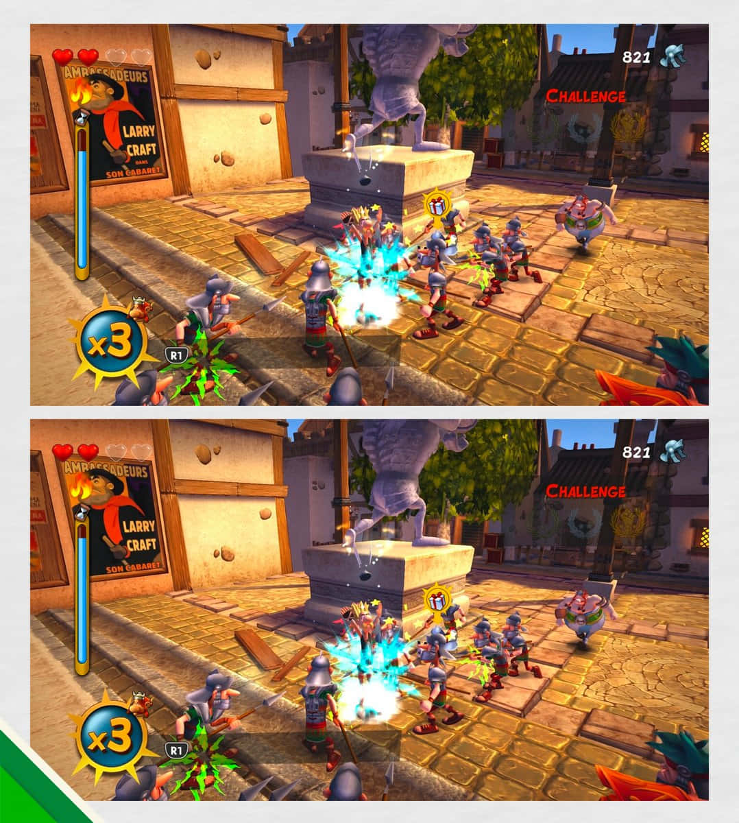 Et skærmbillede af et spil med to forskellige tegn.