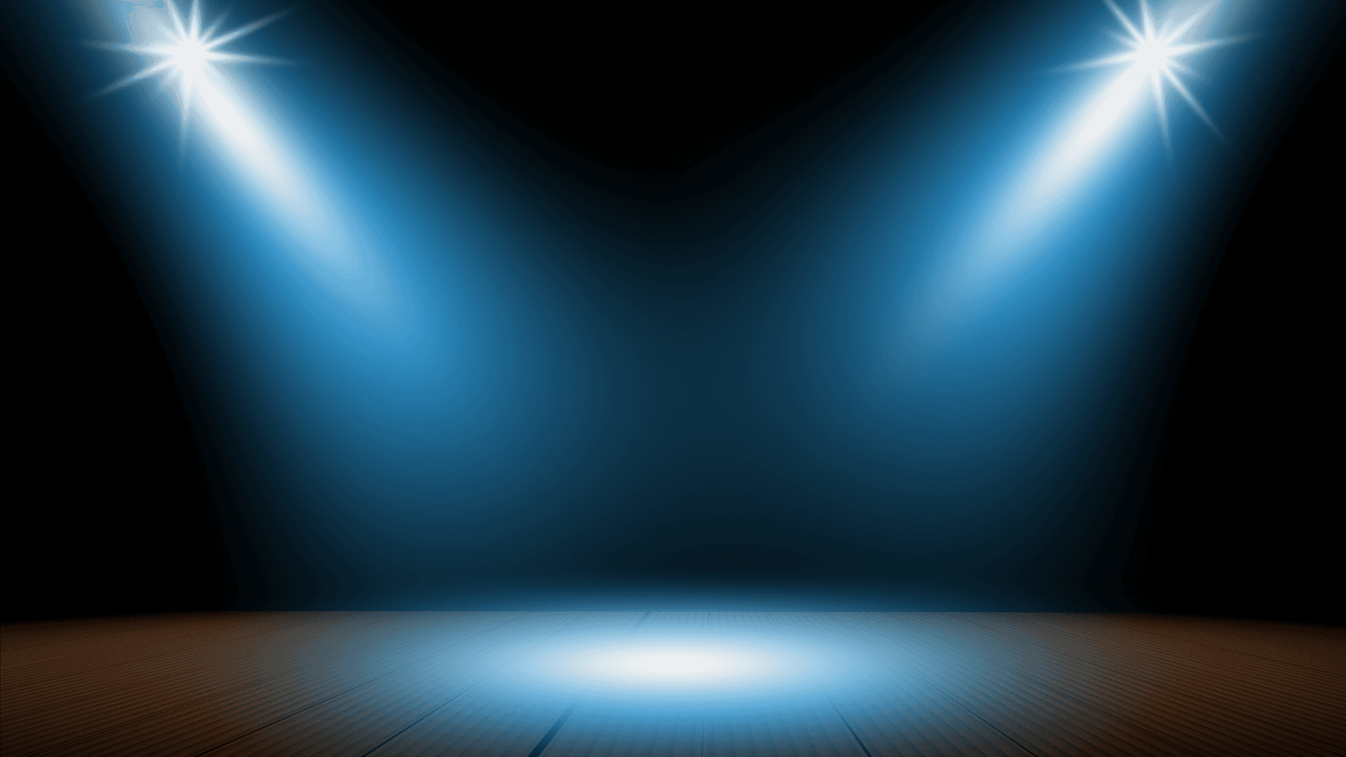 stage with spotlights on the floor Background — Two bright blue spotlights illuminate a wooden stage floor against a dark backdrop.