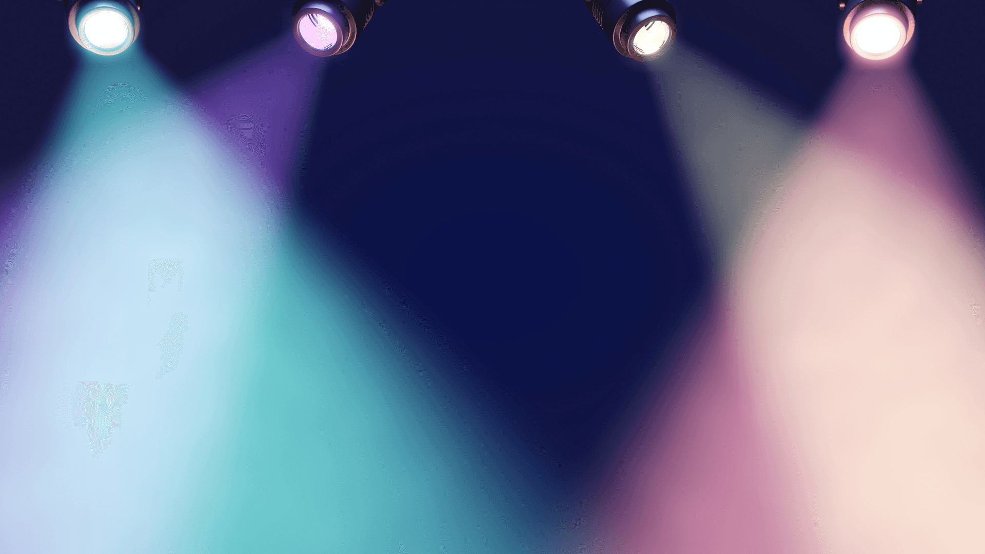 "Break Into the Spotlight!" Background — Four stage spotlights cast vibrant beams of cyan magenta and white light against a dark backdrop.