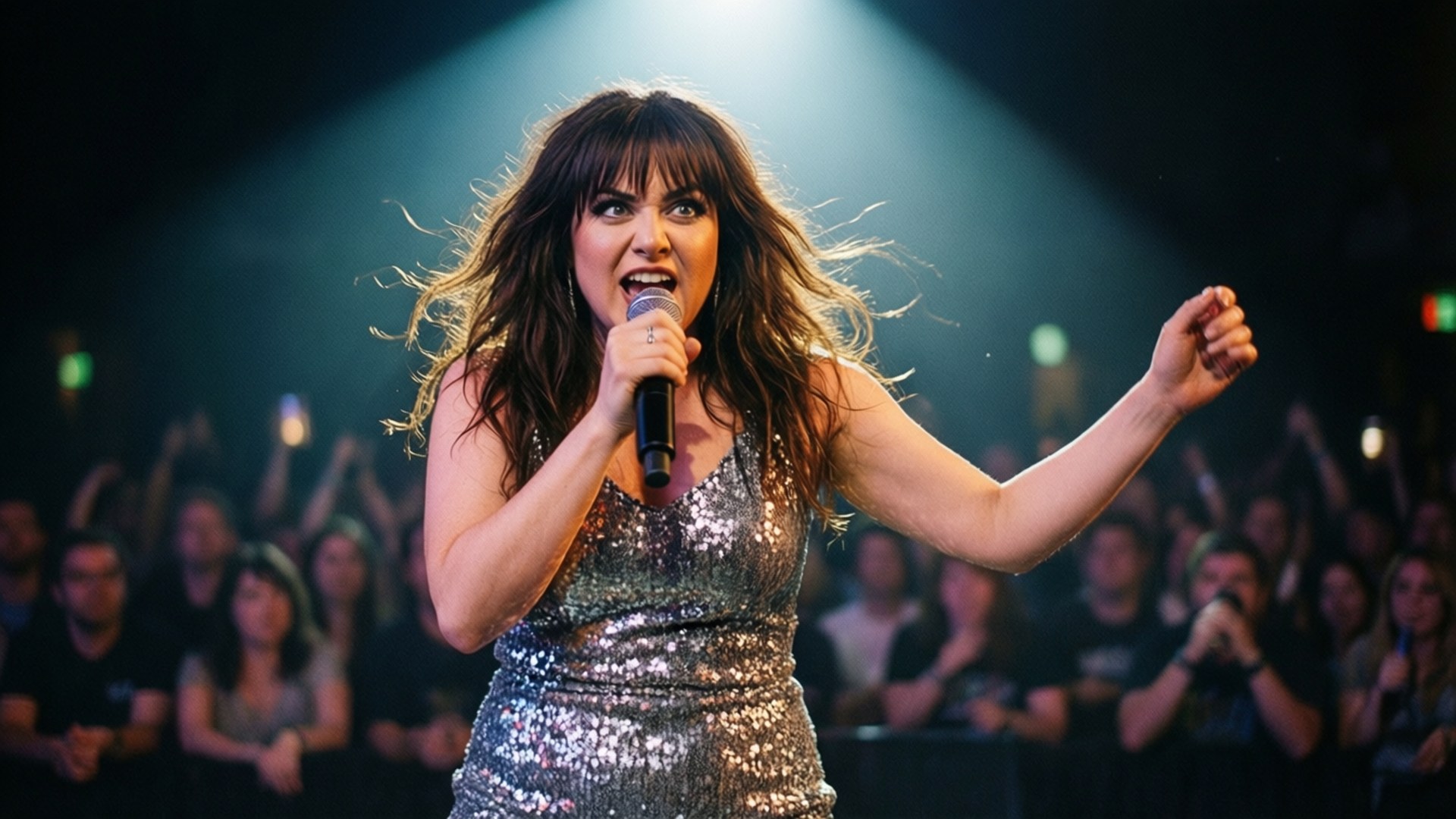 Colleen Ballinger synger på scenen med dramatisk belysning