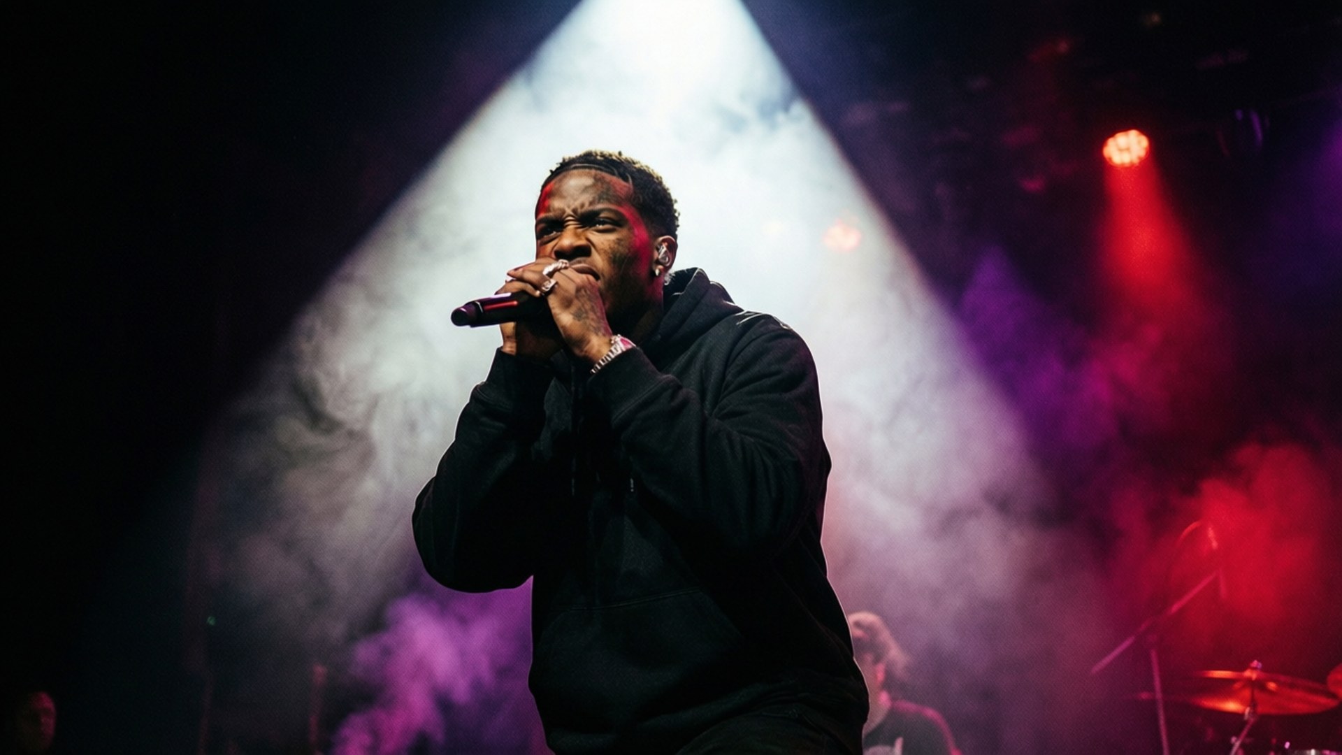 DaBaby dalam sorotan panggung dramatis dengan mikrofon