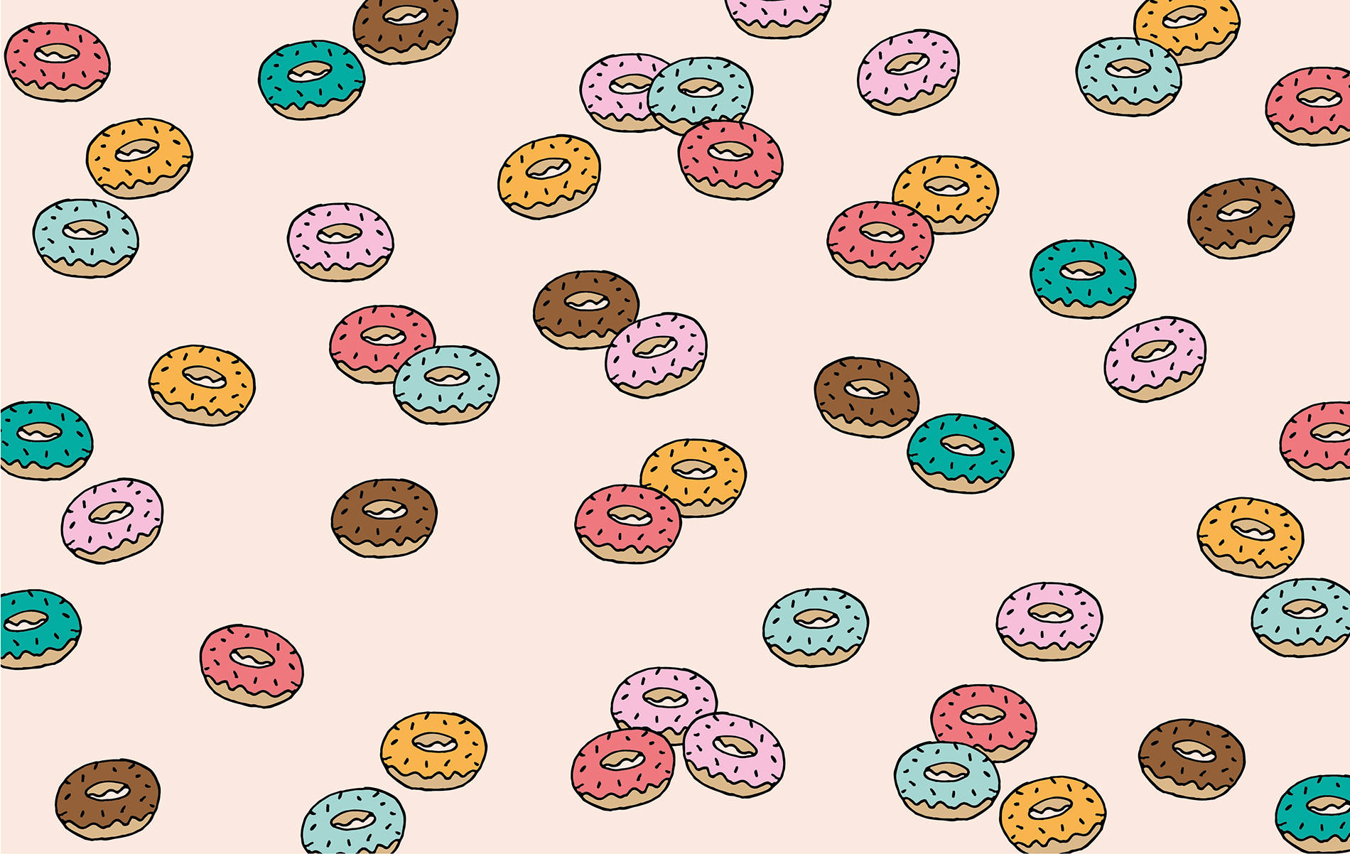 Scattered Glazed Donuts Wallpaper — Colorful cartoon donuts with sprinkles scattered across a soft beige background in a playful pattern.