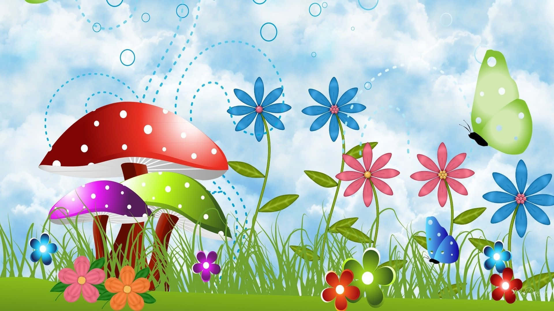 Colorful Mushrooms And Flowers Spring Background