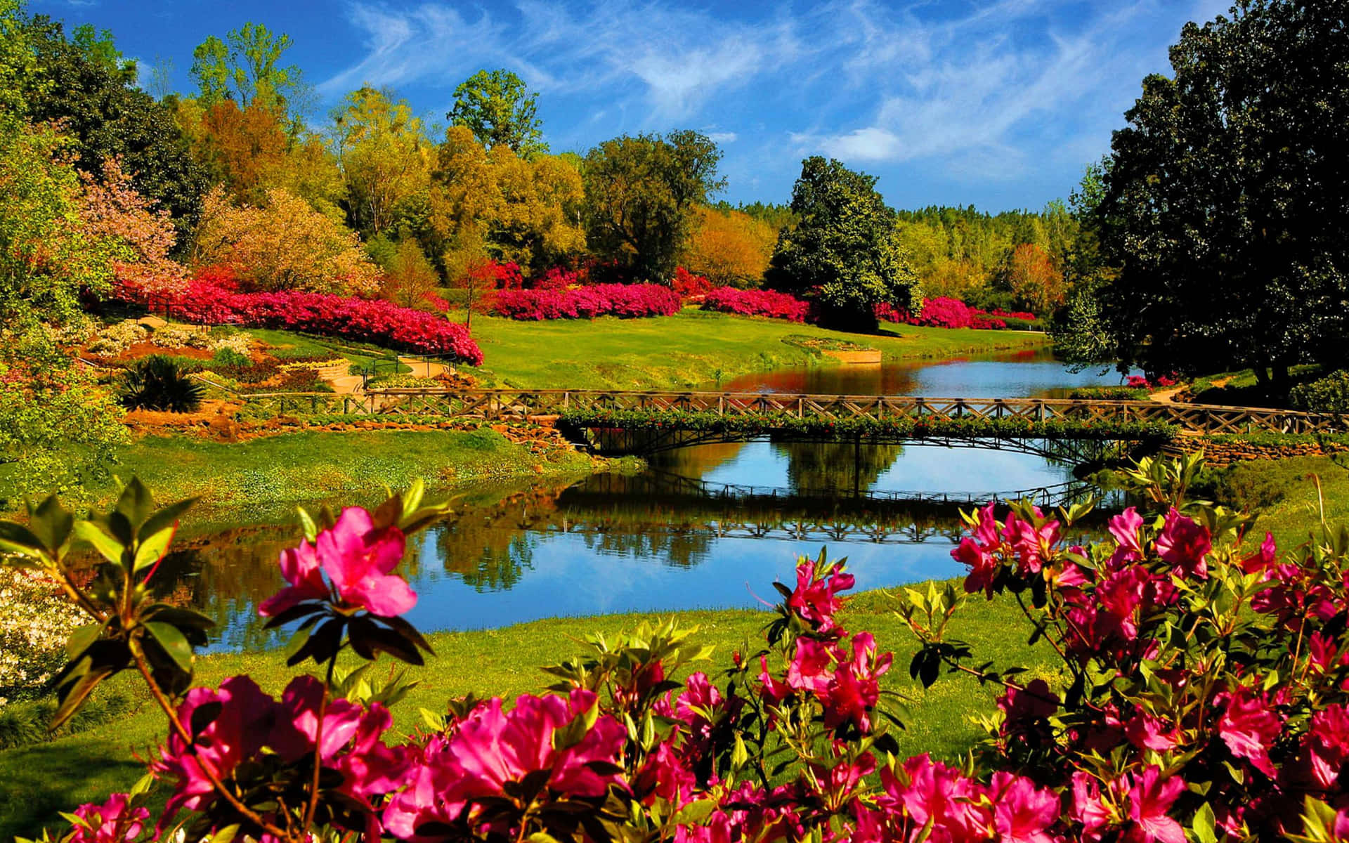 Beautiful Garden And Lake Spring Background
