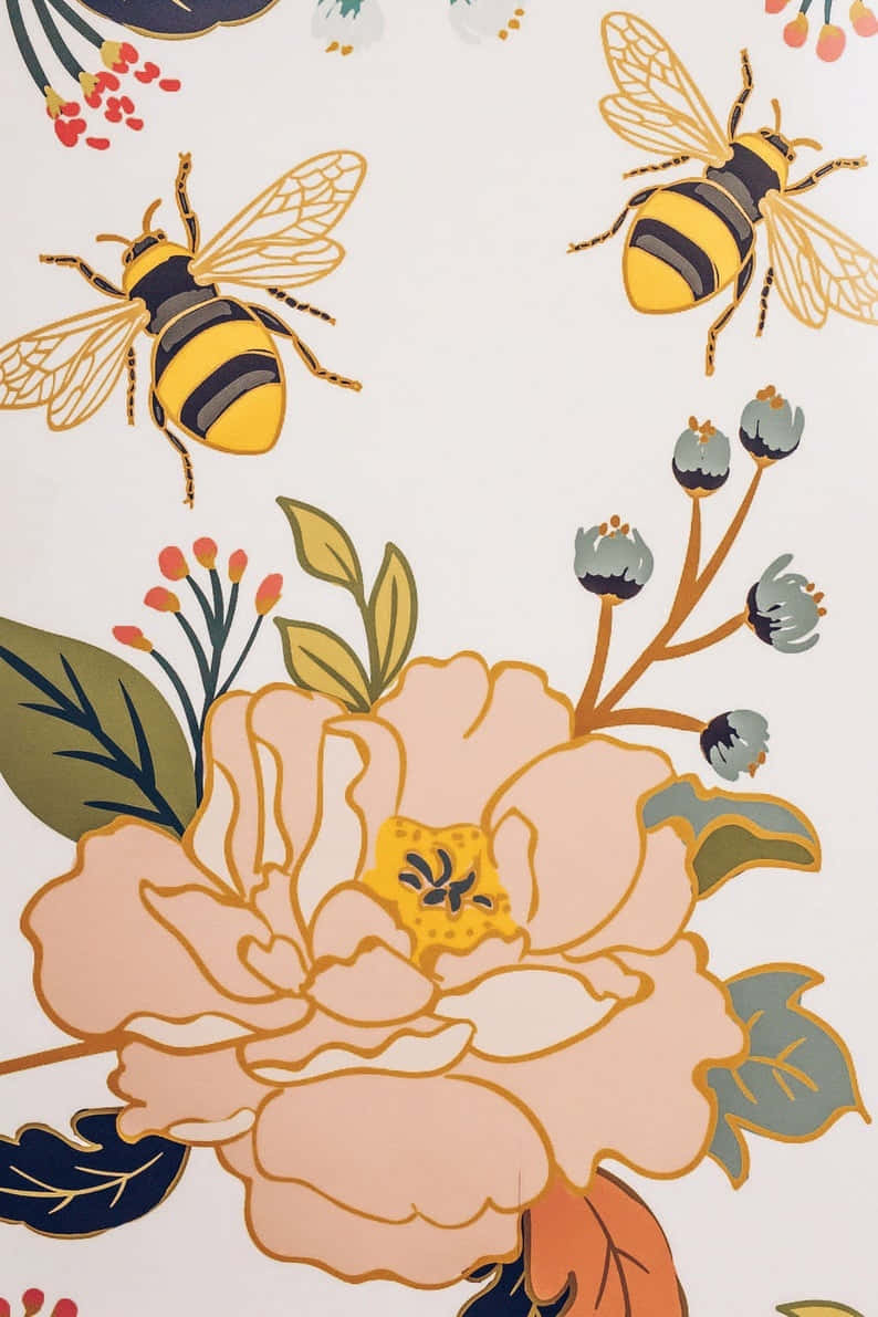 Busy bees pollinating vibrant spring flowers Wallpaper