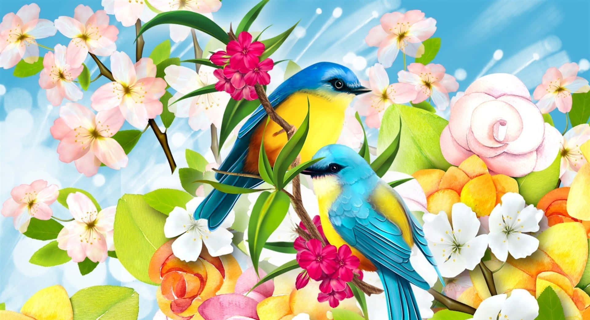 Pájarosde Primavera Trinando En Una Rama Floreciente. Fondo de pantalla