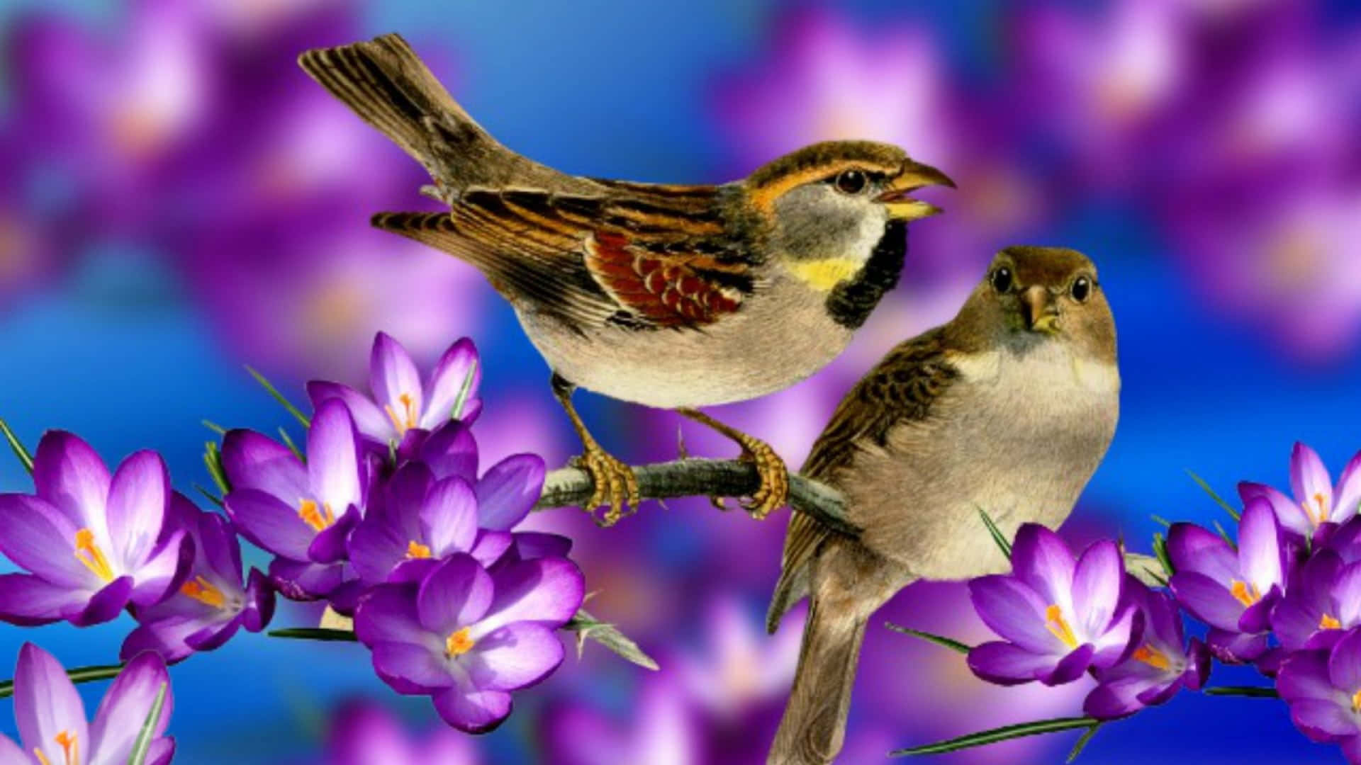 Pájarospiando Posados En Una Rama En Primavera. Fondo de pantalla