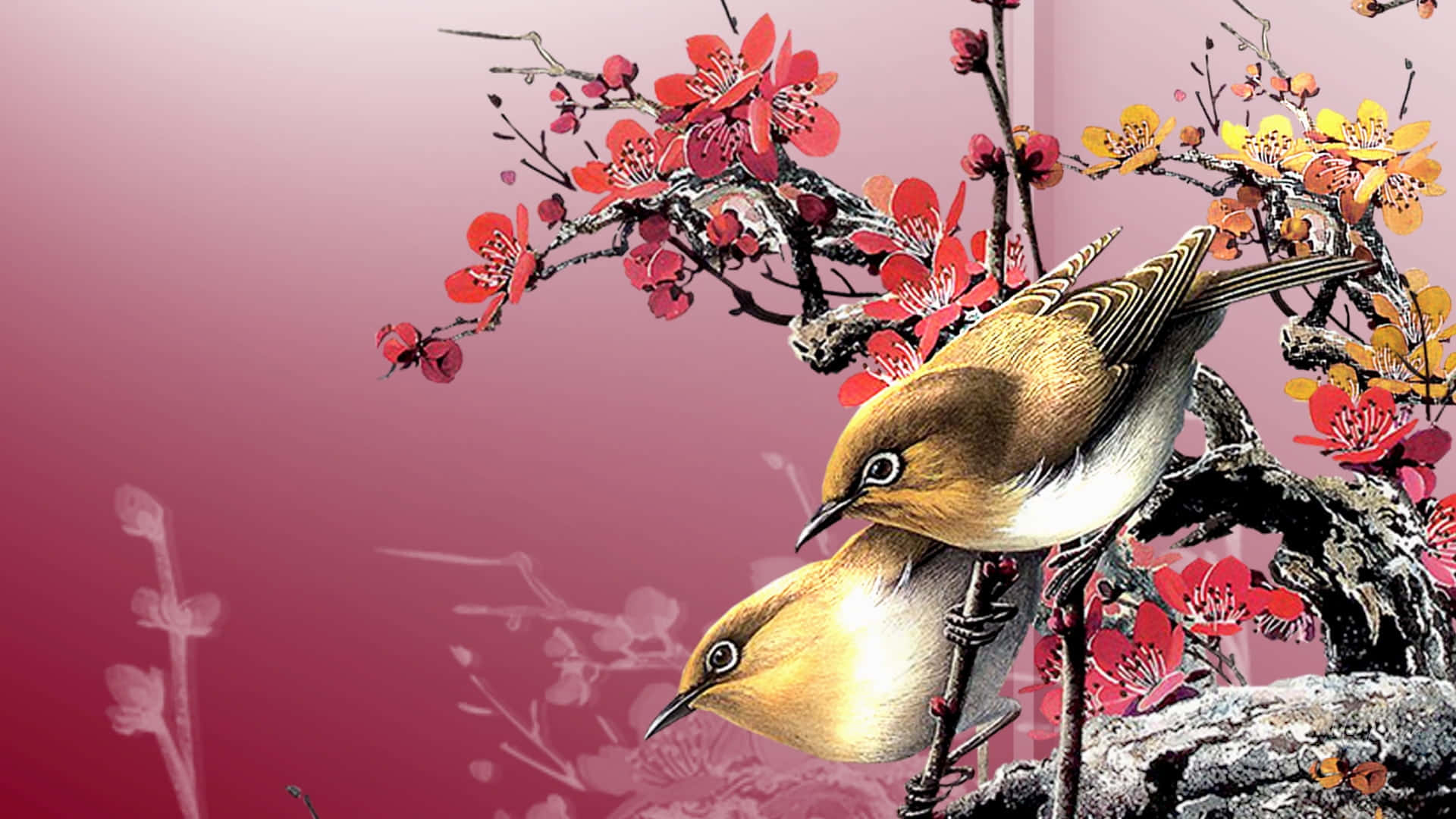 A vibrant scene of colorful birds perched on blossoming branches Wallpaper