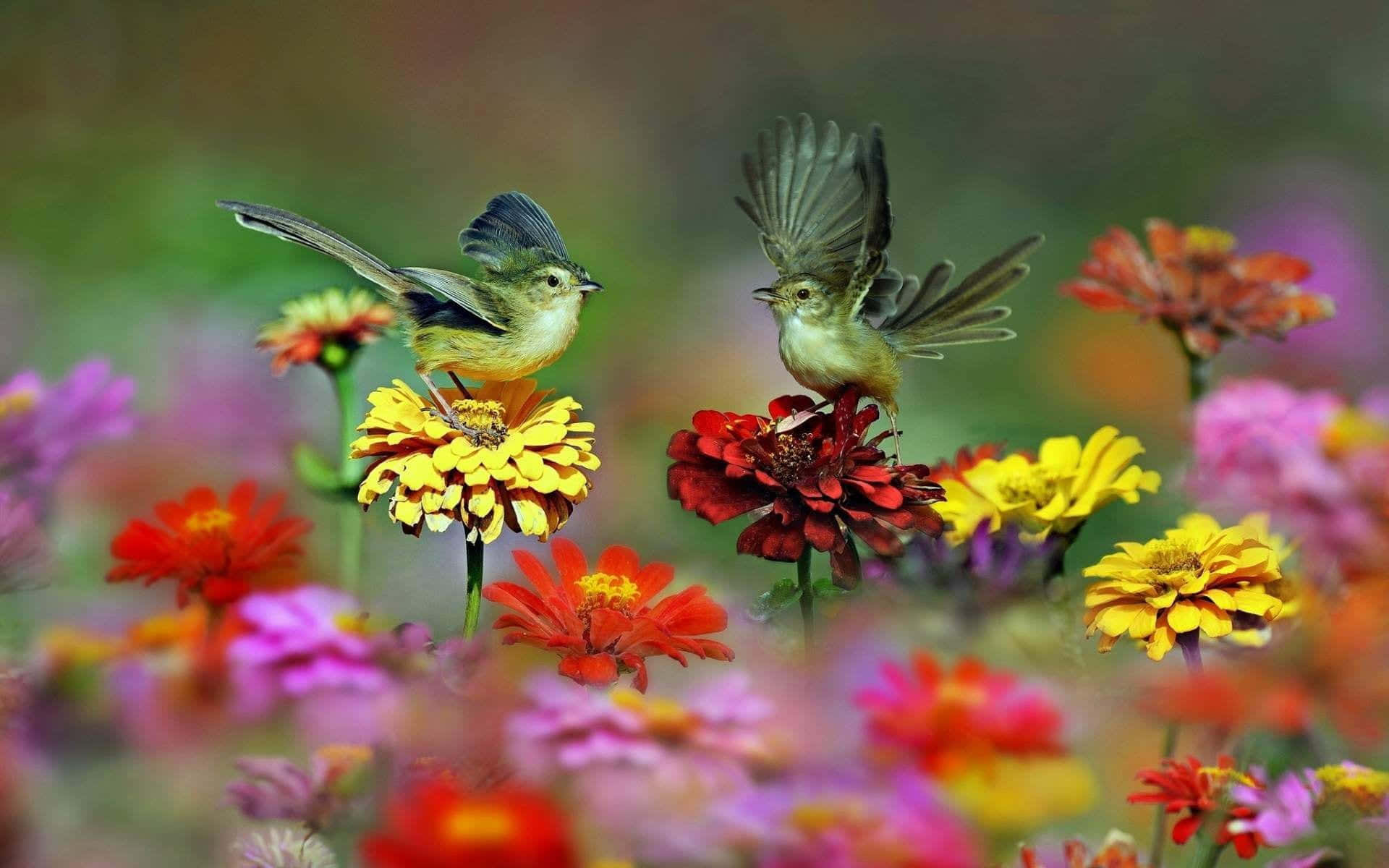 Pájarosde Primavera Posados ​​en Ramas Florecientes Fondo de pantalla