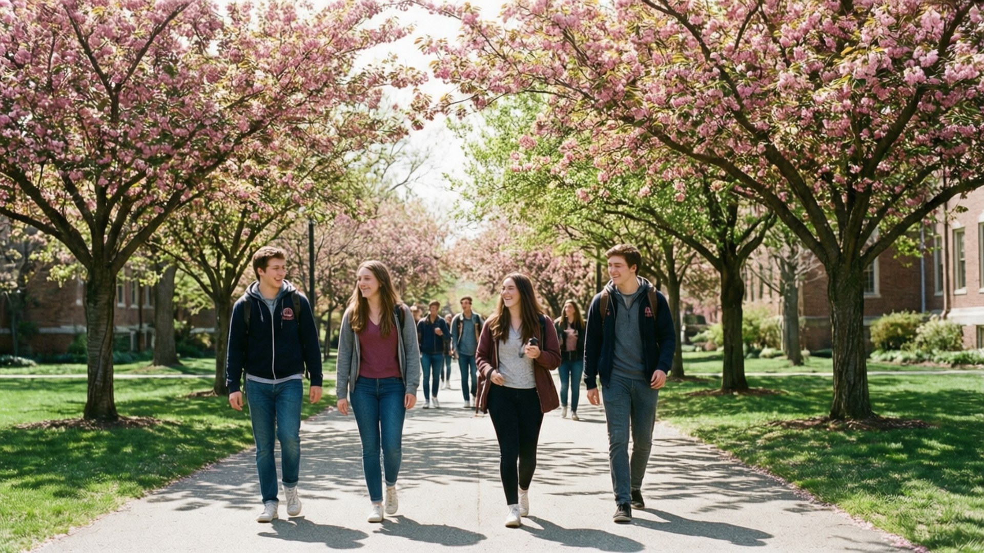 En solrik vårscene ved Brandeis University med studenter som spaserer under kirsebærblomster i full blomst.