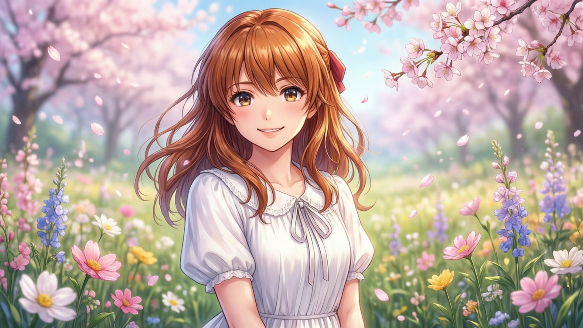Ninamori Eri surrounded by cherry blossoms in a spring field.