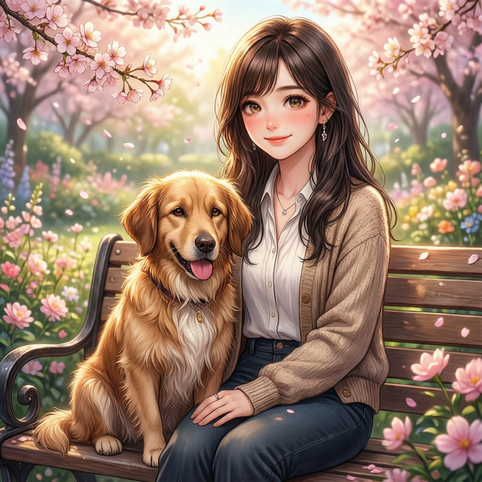 Pinako Rockbell with her dog on a bench under cherry blossoms