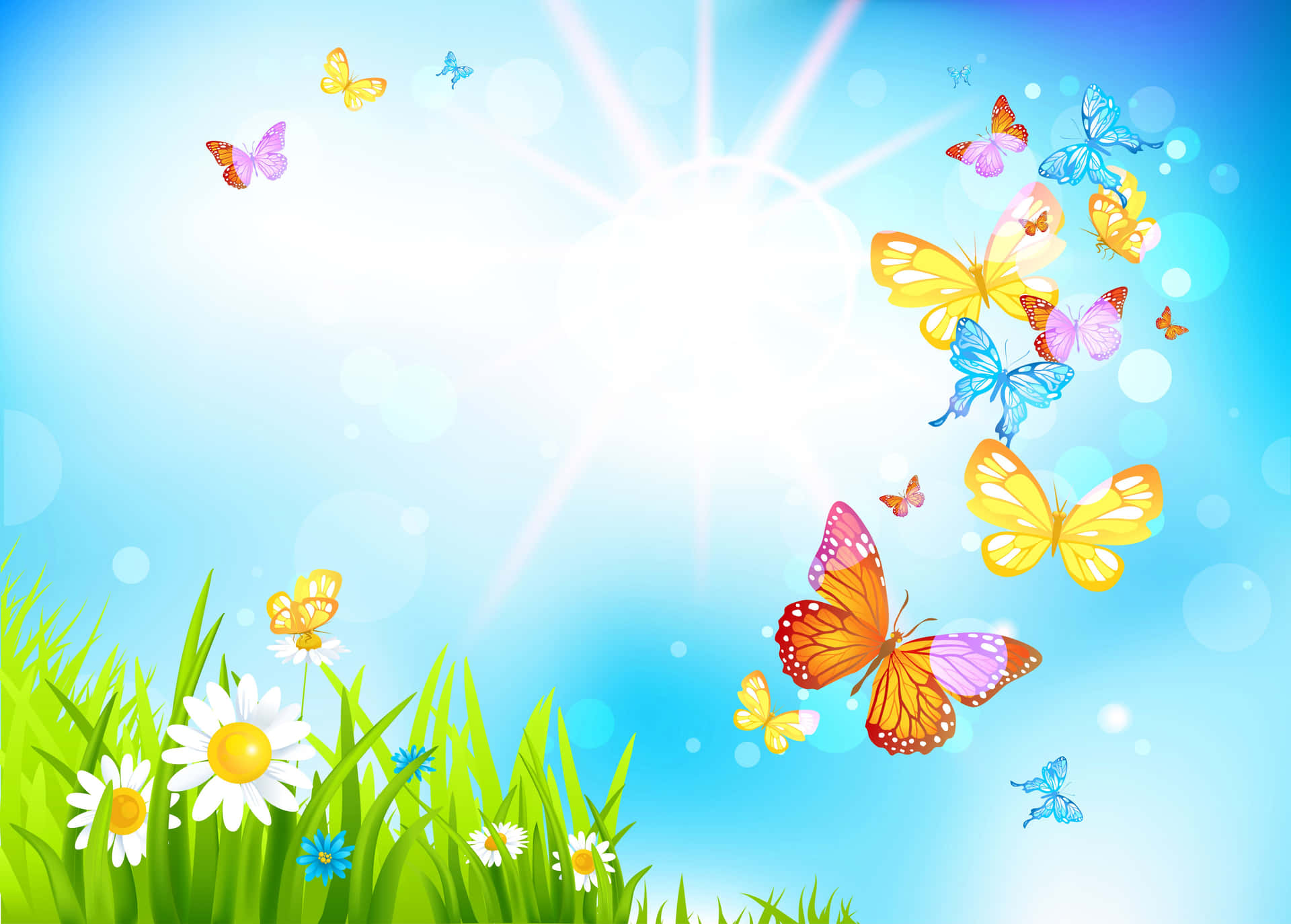 An enchanting spring scene with vibrant butterflies fluttering over blossoming flowers Wallpaper