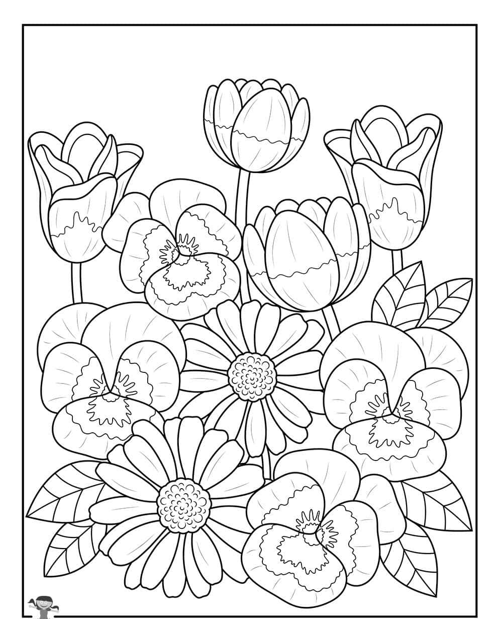 A Coloring Page With Flowers And Pansies