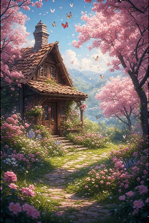 Spring Cottage With Flower Garden Cheerful Nature 4k Wallpaper