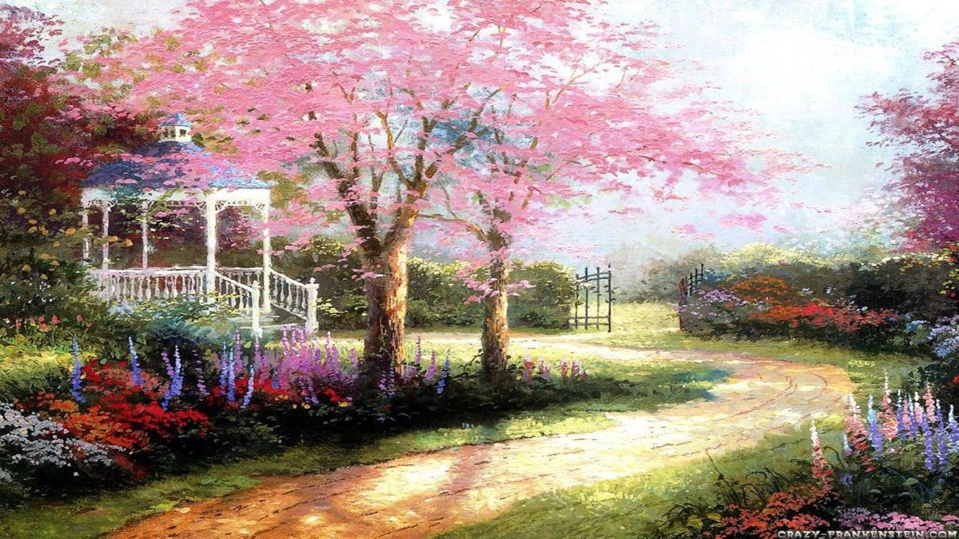 A Peaceful Tree Painting in Spring Desktop Wallpaper