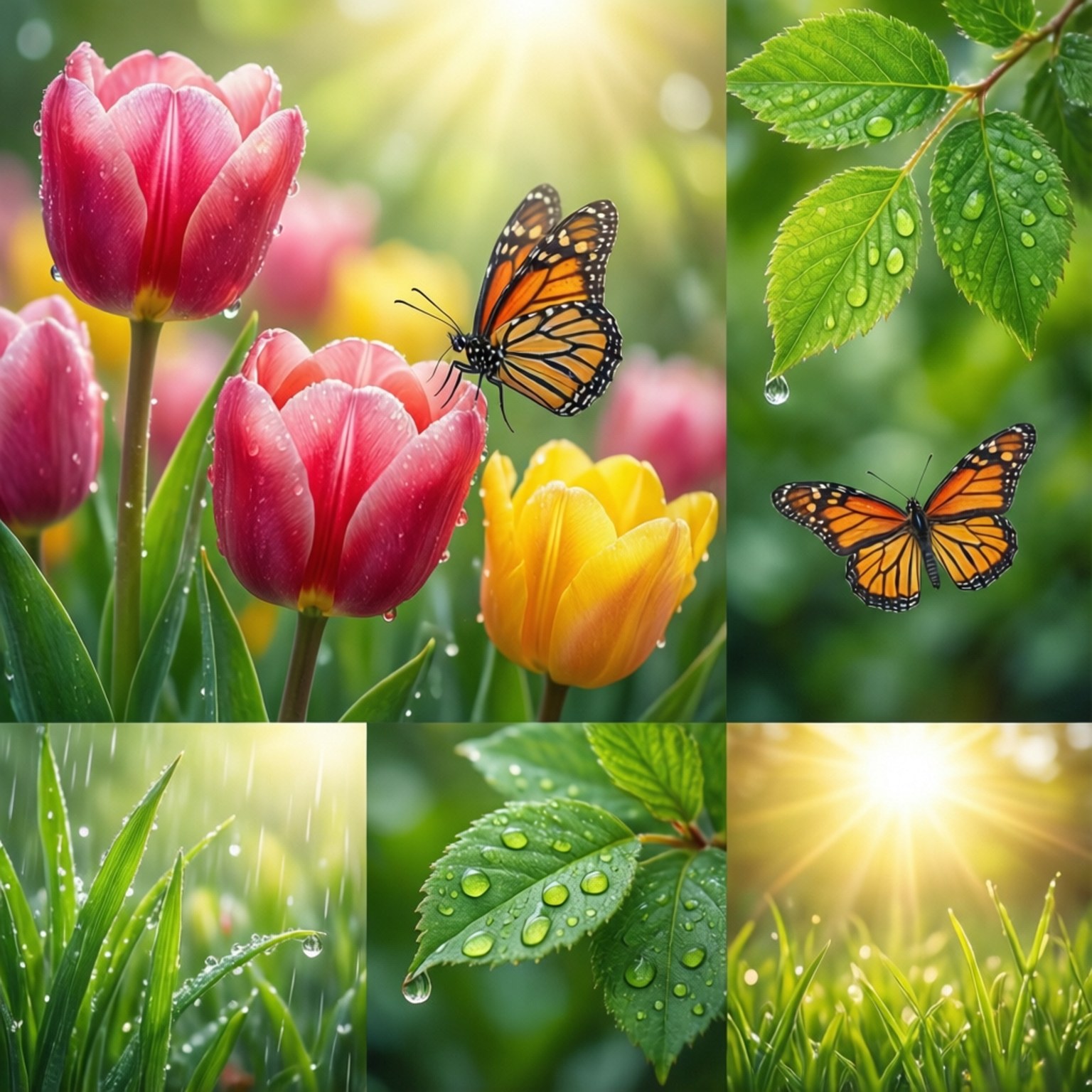 Frühlings-Elemente-Collage Hintergrundbilder — Eine lebendige Collage von Frühlingssymbolen wie Tulpen, Schmetterlingen und Regen.