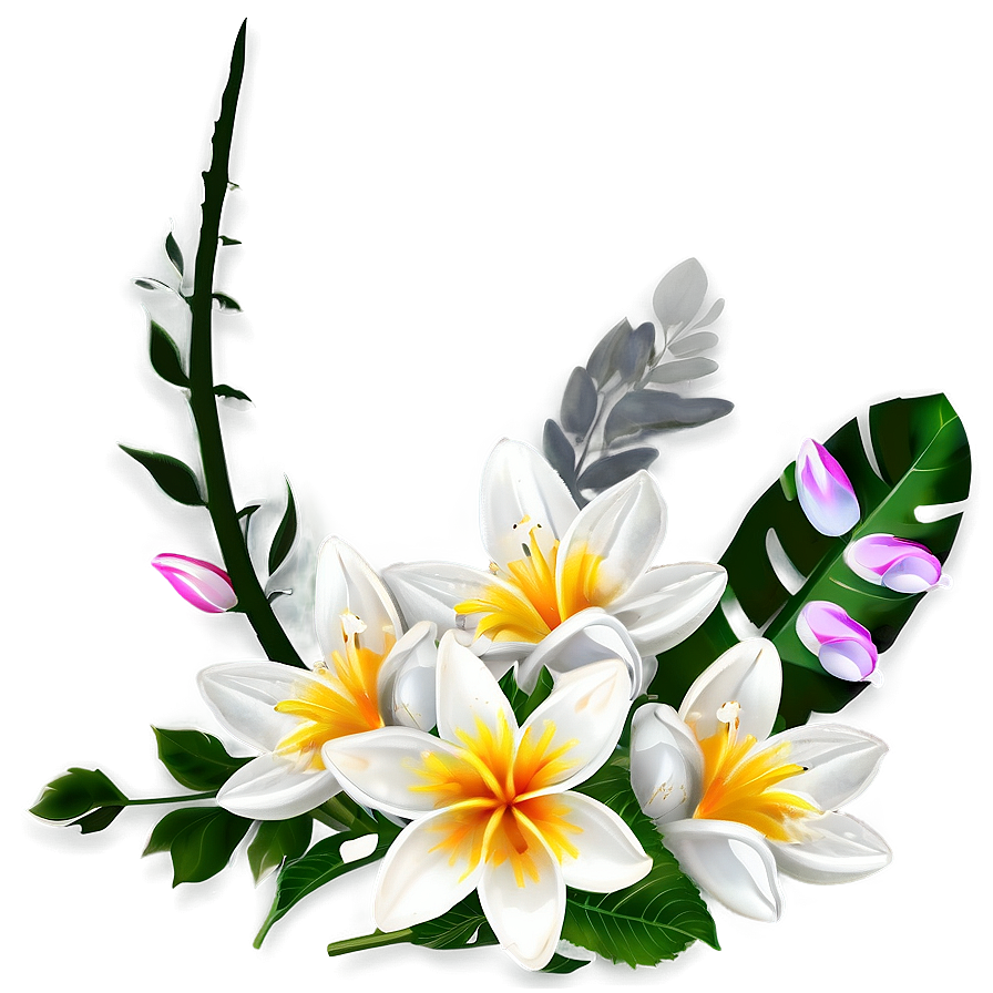 spring flower b PNG — Vibrant white plumeria flowers with yellow centers glow against a muted green background with glowing pink petals and dark foliage.
