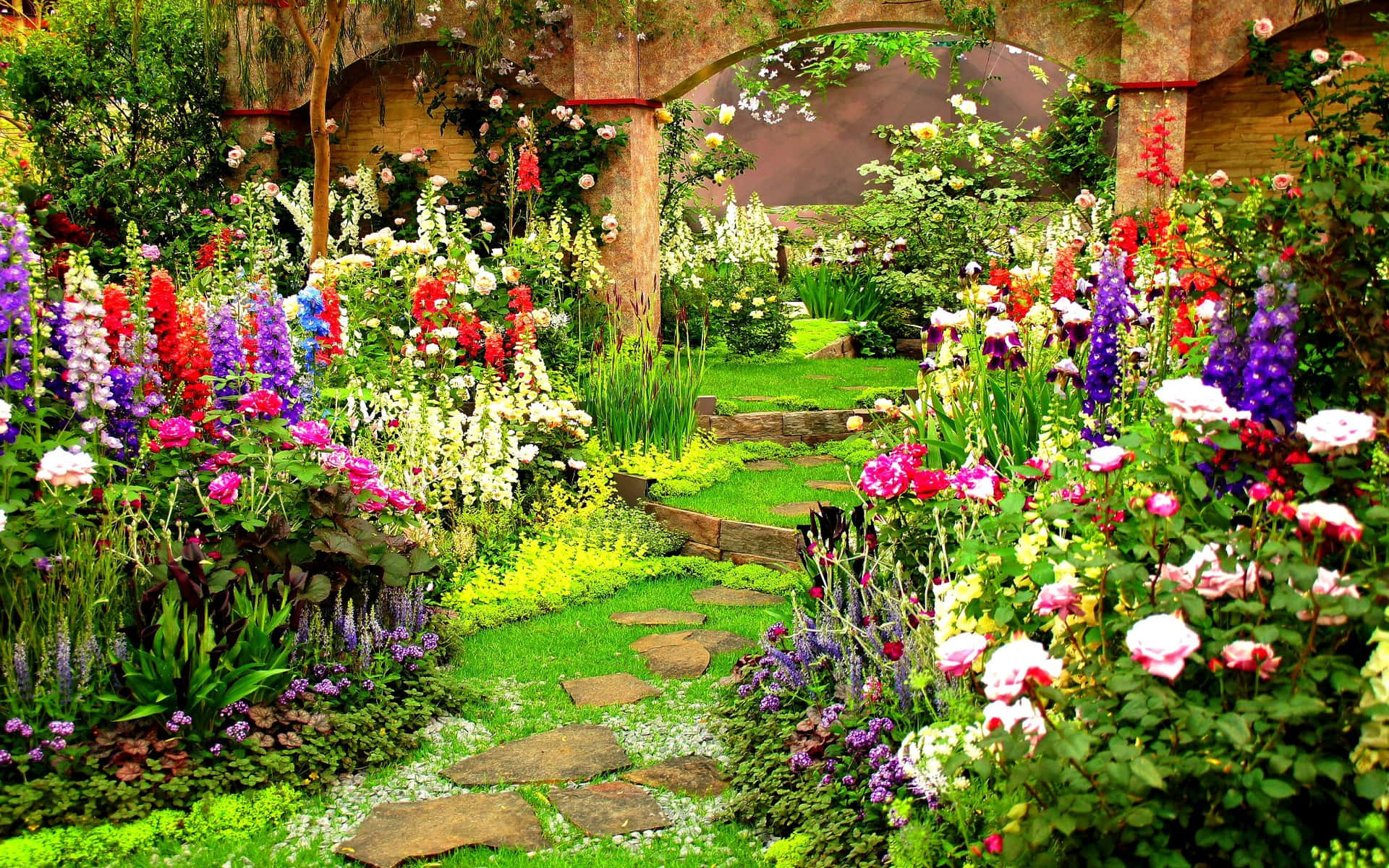 Garden With Stone Paths Spring Flower Background