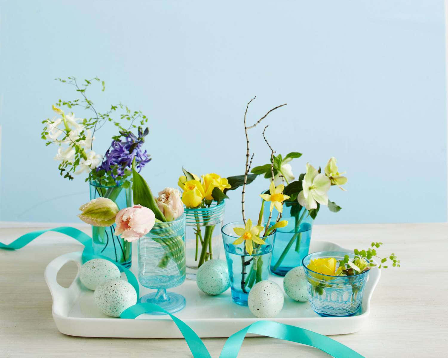 Blue Aesthetic Spring Flower Background In A Glass Vase