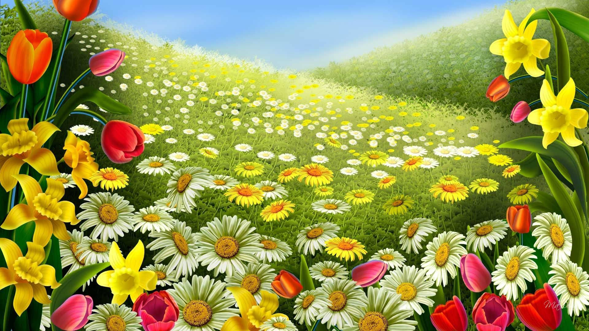 Dibujodigital De Un Campo De Flores De Primavera. Fondo de pantalla