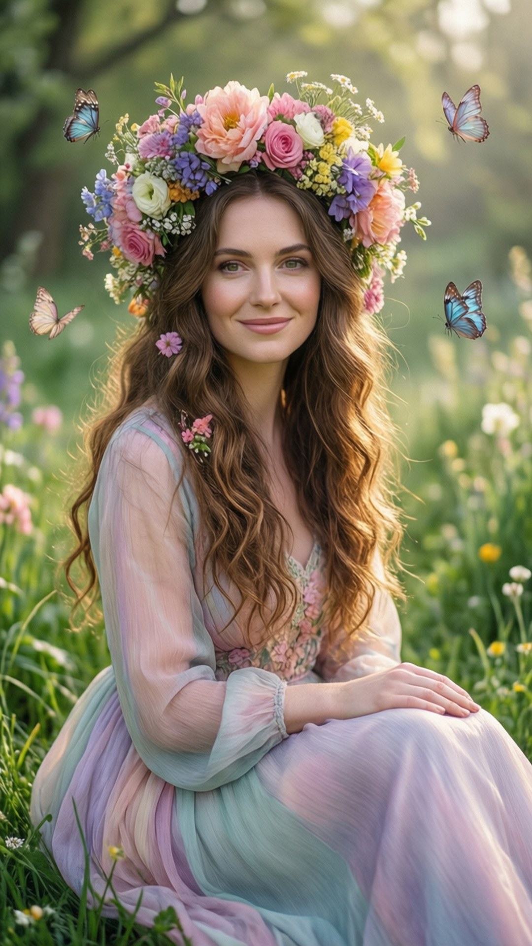 Markella Kavenagh i forårshave med blomsterkrans og sommerfugle