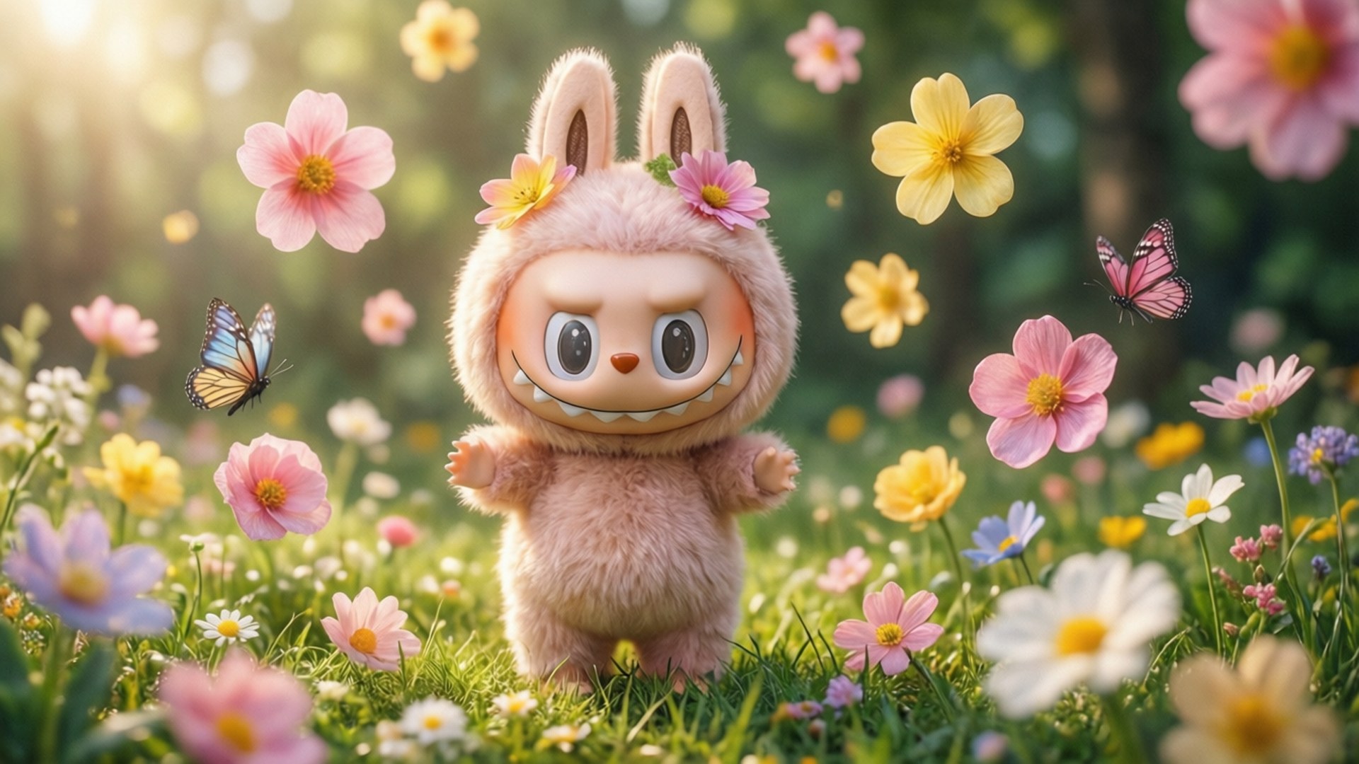 Labubu i en blomsterfylld äng med fjärilar, ljus och glad.