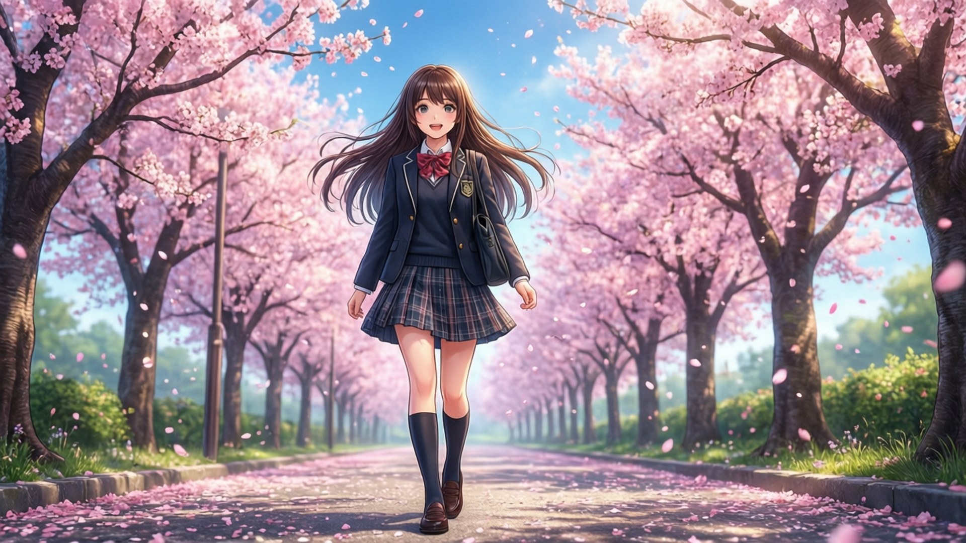 Anime-pige på en kirsebærblomststi tapet.