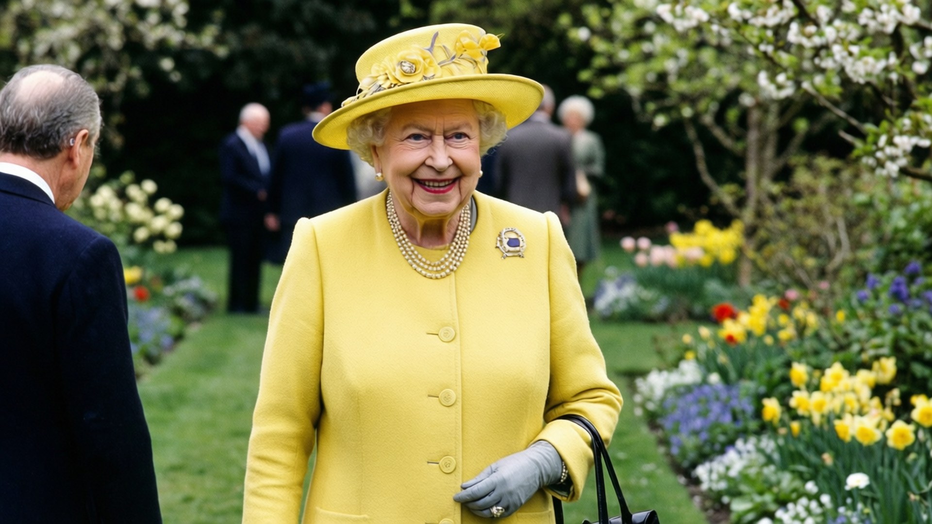 Dronning Elizabeth II (Imelda Staunton) går i en have med gult outfit.