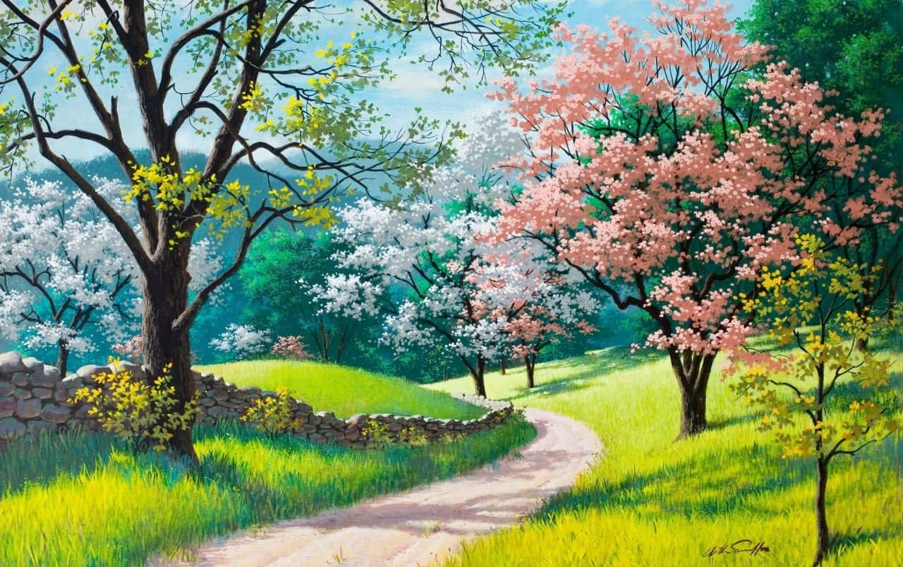 Blossoming Spring Trees in a Vibrant Landscape Wallpaper