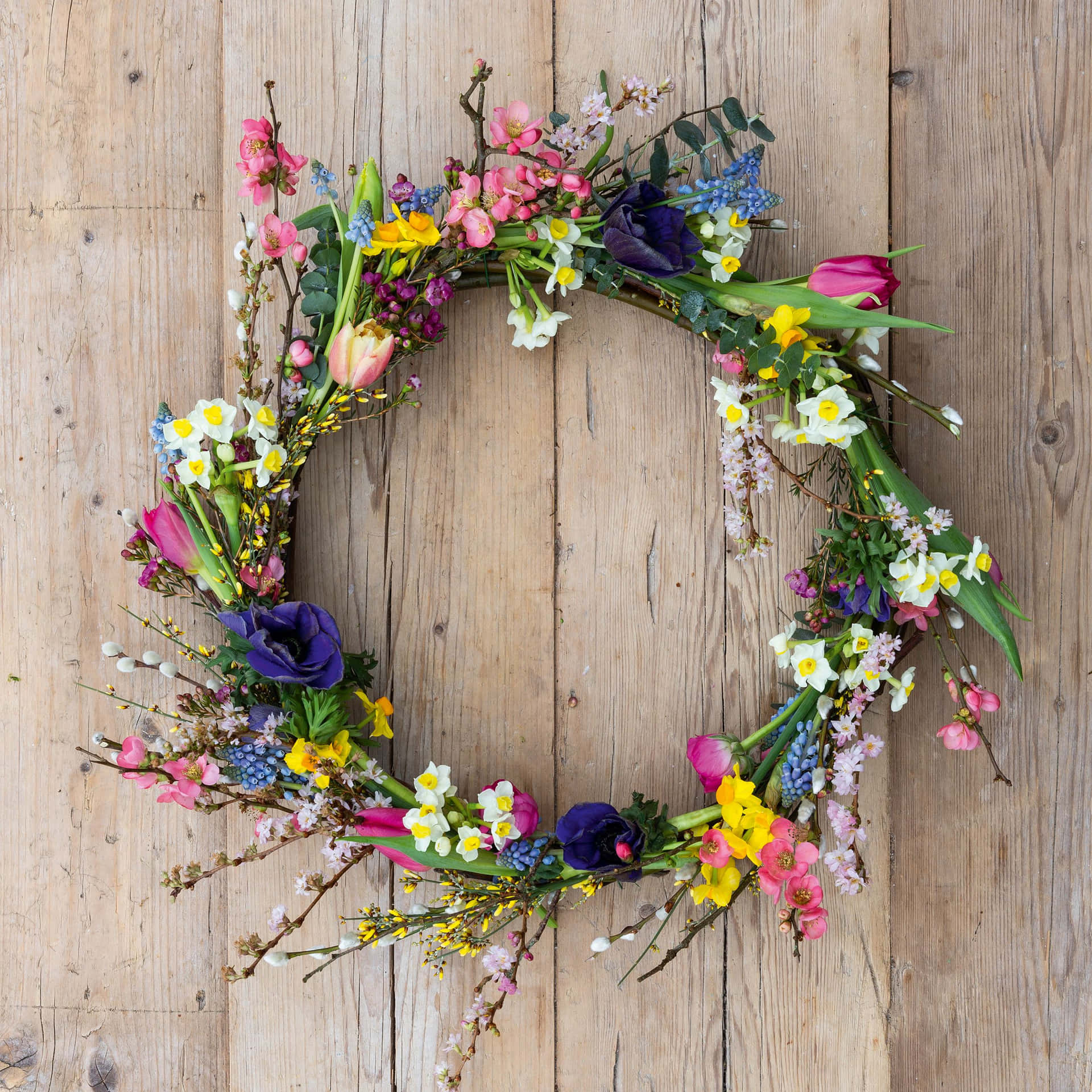 Beautiful, Colorful Spring Wreath on a Wooden Door Wallpaper